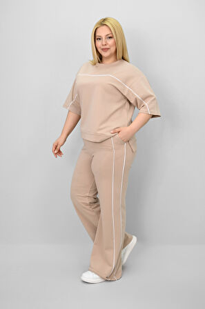 Kadın Büyük Beden Kısa Kollu Ara Biye Detaylı Bol Paça Eşofman Takımı 8189-25