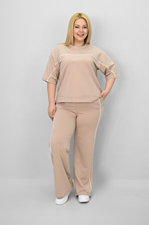 Kadın Büyük Beden Kısa Kollu Ara Biye Detaylı Bol Paça Eşofman Takımı 8189-25