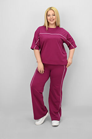 Kadın Büyük Beden Kısa Kollu Ara Biye Detaylı Bol Paça Eşofman Takımı 8189-25