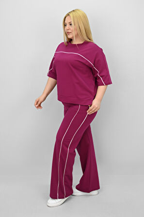 Kadın Büyük Beden Kısa Kollu Ara Biye Detaylı Bol Paça Eşofman Takımı 8189-25