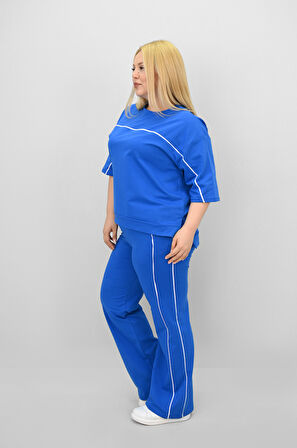 Kadın Büyük Beden Kısa Kollu Ara Biye Detaylı Bol Paça Eşofman Takımı 8189-25