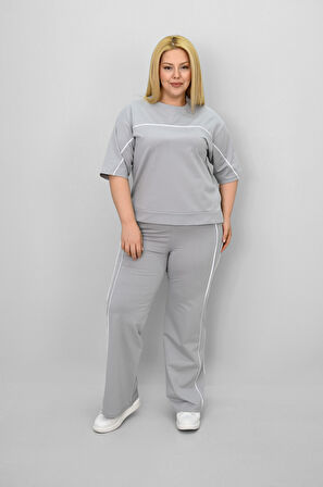 Kadın Büyük Beden Kısa Kollu Ara Biye Detaylı Bol Paça Eşofman Takımı 8189-25