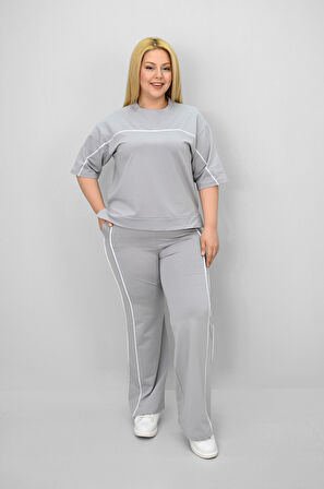 Kadın Büyük Beden Kısa Kollu Ara Biye Detaylı Bol Paça Eşofman Takımı 8189-25