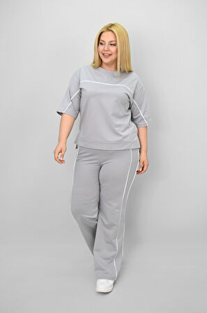 Kadın Büyük Beden Kısa Kollu Ara Biye Detaylı Bol Paça Eşofman Takımı 8189-25