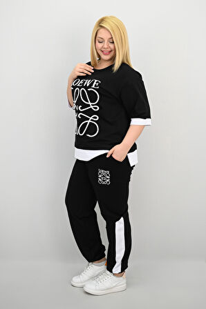 Kadın Büyük Beden Kısa Kollu Nakış Detaylı Garnili Eşofman Takımı 8192-25