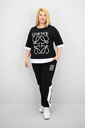 Kadın Büyük Beden Kısa Kollu Nakış Detaylı Garnili Eşofman Takımı 8192-25