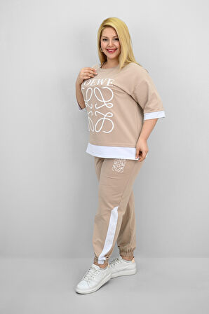 Kadın Büyük Beden Kısa Kollu Nakış Detaylı Garnili Eşofman Takımı 8192-25