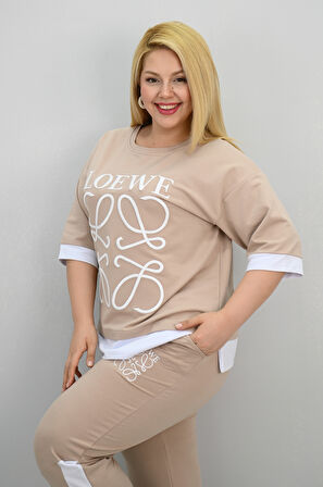 Kadın Büyük Beden Kısa Kollu Nakış Detaylı Garnili Eşofman Takımı 8192-25