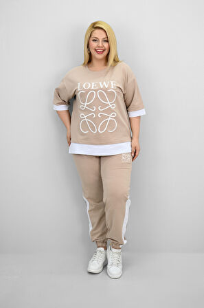 Kadın Büyük Beden Kısa Kollu Nakış Detaylı Garnili Eşofman Takımı 8192-25