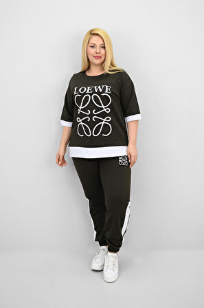 Kadın Büyük Beden Kısa Kollu Nakış Detaylı Garnili Eşofman Takımı 8192-25