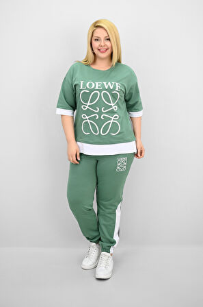 Kadın Büyük Beden Kısa Kollu Nakış Detaylı Garnili Eşofman Takımı 8192-25