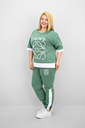 Kadın Büyük Beden Kısa Kollu Nakış Detaylı Garnili Eşofman Takımı 8192-25