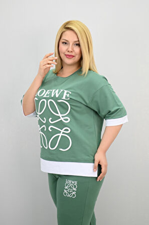 Kadın Büyük Beden Kısa Kollu Nakış Detaylı Garnili Eşofman Takımı 8192-25