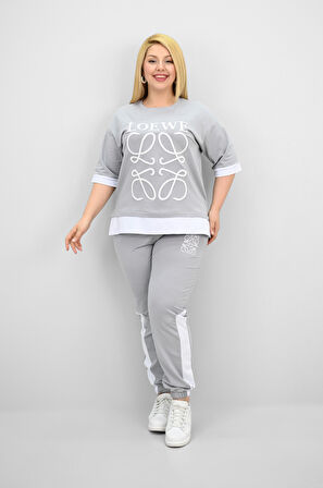 Kadın Büyük Beden Kısa Kollu Nakış Detaylı Garnili Eşofman Takımı 8192-25