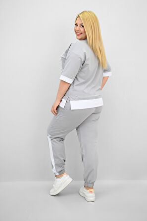 Kadın Büyük Beden Kısa Kollu Nakış Detaylı Garnili Eşofman Takımı 8192-25