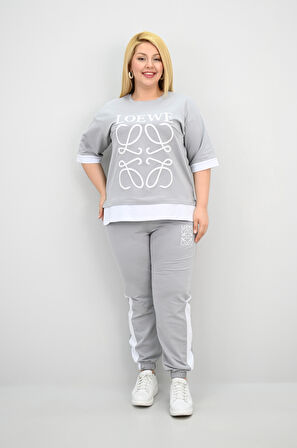 Kadın Büyük Beden Kısa Kollu Nakış Detaylı Garnili Eşofman Takımı 8192-25