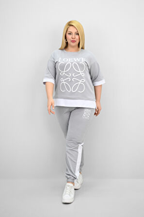 Kadın Büyük Beden Kısa Kollu Nakış Detaylı Garnili Eşofman Takımı 8192-25