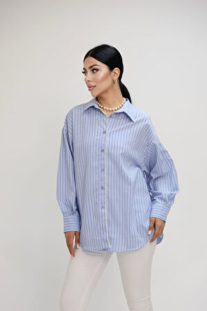 Kadın Dantel Şerit Detaylı Oversize Gömlek 1900-25