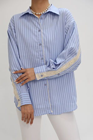 Kadın Dantel Şerit Detaylı Oversize Gömlek 1900-25