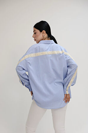 Kadın Dantel Şerit Detaylı Oversize Gömlek 1900-25