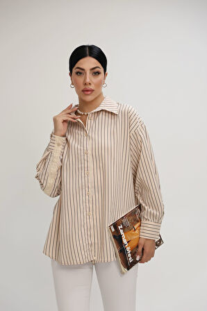 Kadın Dantel Şerit Detaylı Oversize Gömlek 1900-25