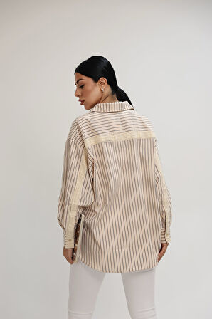 Kadın Dantel Şerit Detaylı Oversize Gömlek 1900-25