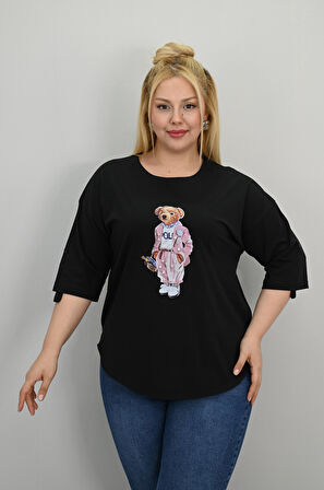 Kadın Büyük Beden Kısa Kollu Taş Detaylı Ayı Baskılı Oversize T-shirt 1926-25