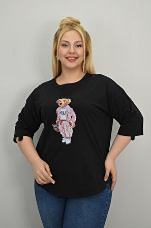 Kadın Büyük Beden Kısa Kollu Taş Detaylı Ayı Baskılı Oversize T-shirt 1926-25