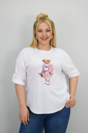 Kadın Büyük Beden Kısa Kollu Taş Detaylı Ayı Baskılı Oversize T-shirt 1926-25