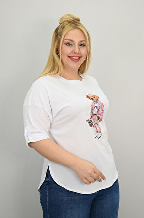 Kadın Büyük Beden Kısa Kollu Taş Detaylı Ayı Baskılı Oversize T-shirt 1926-25
