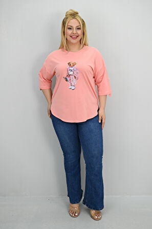 Kadın Büyük Beden Kısa Kollu Taş Detaylı Ayı Baskılı Oversize T-shirt 1926-25