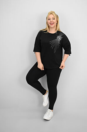 Kadın Büyük Beden Kısa Kollu Taş ve İnci Baskı Detaylı Oversize T-shirt 1925-25