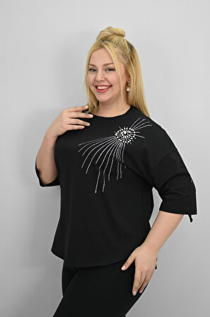 Kadın Büyük Beden Kısa Kollu Taş ve İnci Baskı Detaylı Oversize T-shirt 1925-25