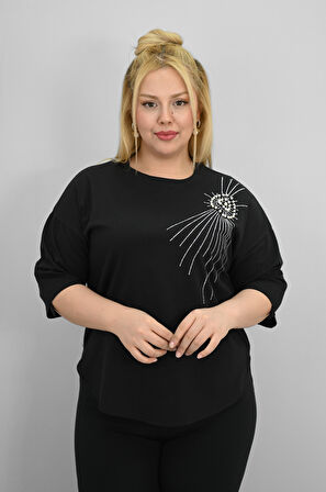 Kadın Büyük Beden Kısa Kollu Taş ve İnci Baskı Detaylı Oversize T-shirt 1925-25
