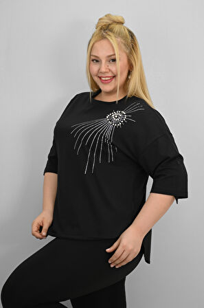 Kadın Büyük Beden Kısa Kollu Taş ve İnci Baskı Detaylı Oversize T-shirt 1925-25