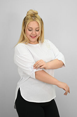 Kadın Büyük Beden Kısa Kollu Taş ve İnci Baskı Detaylı Oversize T-shirt 1925-25