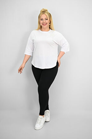 Kadın Büyük Beden Kısa Kollu Taş ve İnci Baskı Detaylı Oversize T-shirt 1925-25