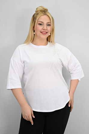 Kadın Büyük Beden Kısa Kollu Taş ve İnci Baskı Detaylı Oversize T-shirt 1925-25