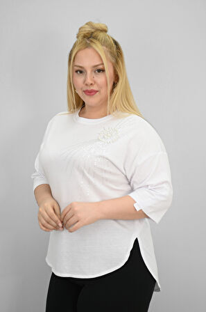 Kadın Büyük Beden Kısa Kollu Taş ve İnci Baskı Detaylı Oversize T-shirt 1925-25