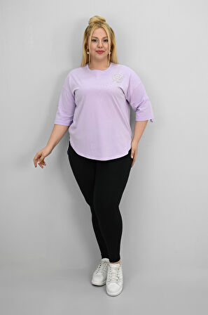 Kadın Büyük Beden Kısa Kollu Taş ve İnci Baskı Detaylı Oversize T-shirt 1925-25