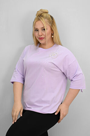 Kadın Büyük Beden Kısa Kollu Taş ve İnci Baskı Detaylı Oversize T-shirt 1925-25