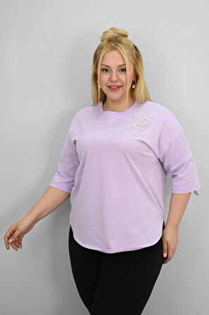 Kadın Büyük Beden Kısa Kollu Taş ve İnci Baskı Detaylı Oversize T-shirt 1925-25