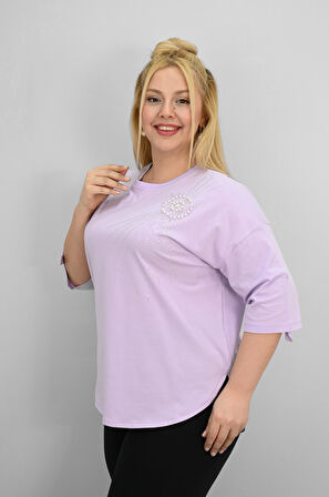 Kadın Büyük Beden Kısa Kollu Taş ve İnci Baskı Detaylı Oversize T-shirt 1925-25