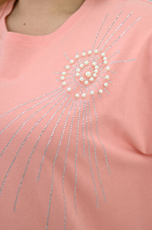 Kadın Büyük Beden Kısa Kollu Taş ve İnci Baskı Detaylı Oversize T-shirt 1925-25