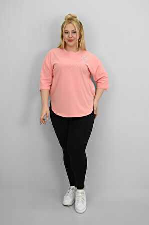 Kadın Büyük Beden Kısa Kollu Taş ve İnci Baskı Detaylı Oversize T-shirt 1925-25