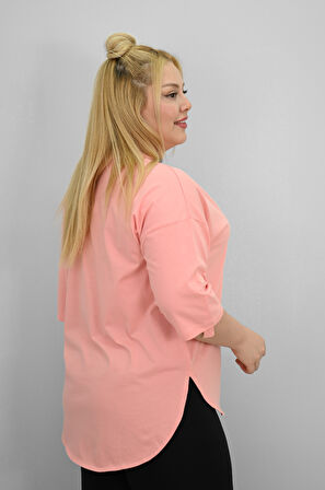 Kadın Büyük Beden Kısa Kollu Taş ve İnci Baskı Detaylı Oversize T-shirt 1925-25