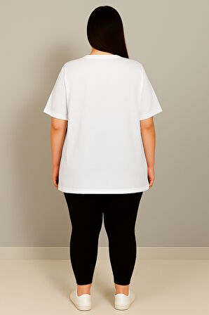 Kadın Büyük Beden Kısa Kollu Bisiklet Yaka Basic Oversize T-shirt 1977-25