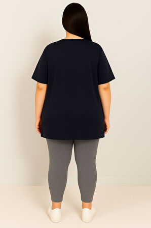 Kadın Büyük Beden Kısa Kollu Bisiklet Yaka Basic Oversize T-shirt 1977-25