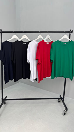 Kadın Büyük Beden Kısa Kollu Bisiklet Yaka Basic Oversize T-shirt 1977-25