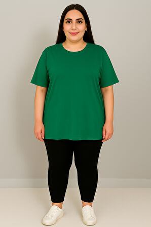 Kadın Büyük Beden Kısa Kollu Bisiklet Yaka Basic Oversize T-shirt 1977-25
